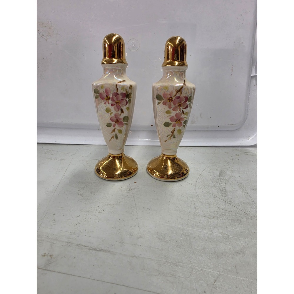 Vintage Iridescent Lusterware Floral Salt and Pepper Shakers Gold Trim Set